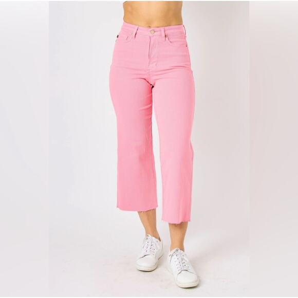 Judy Blue Jeans Womens 31 Pink Garment Dyed Wide Leg Crop Raw Hem High Waist New - Picture 1 of 14